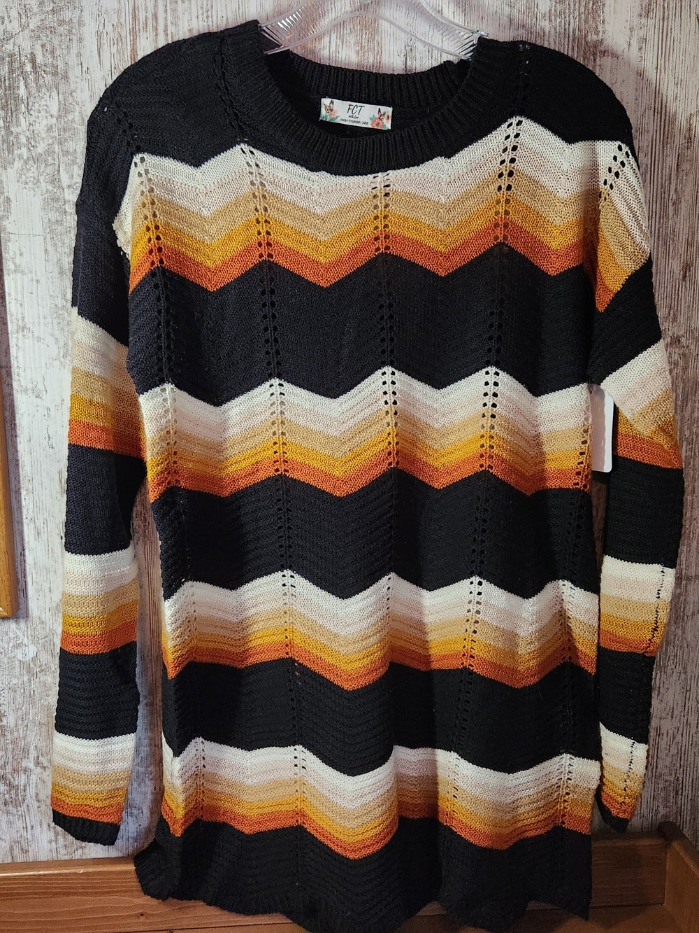 FCT With Love Retro Chevron Stripe Pointelle Open Knit Sweater - Earth Tones L